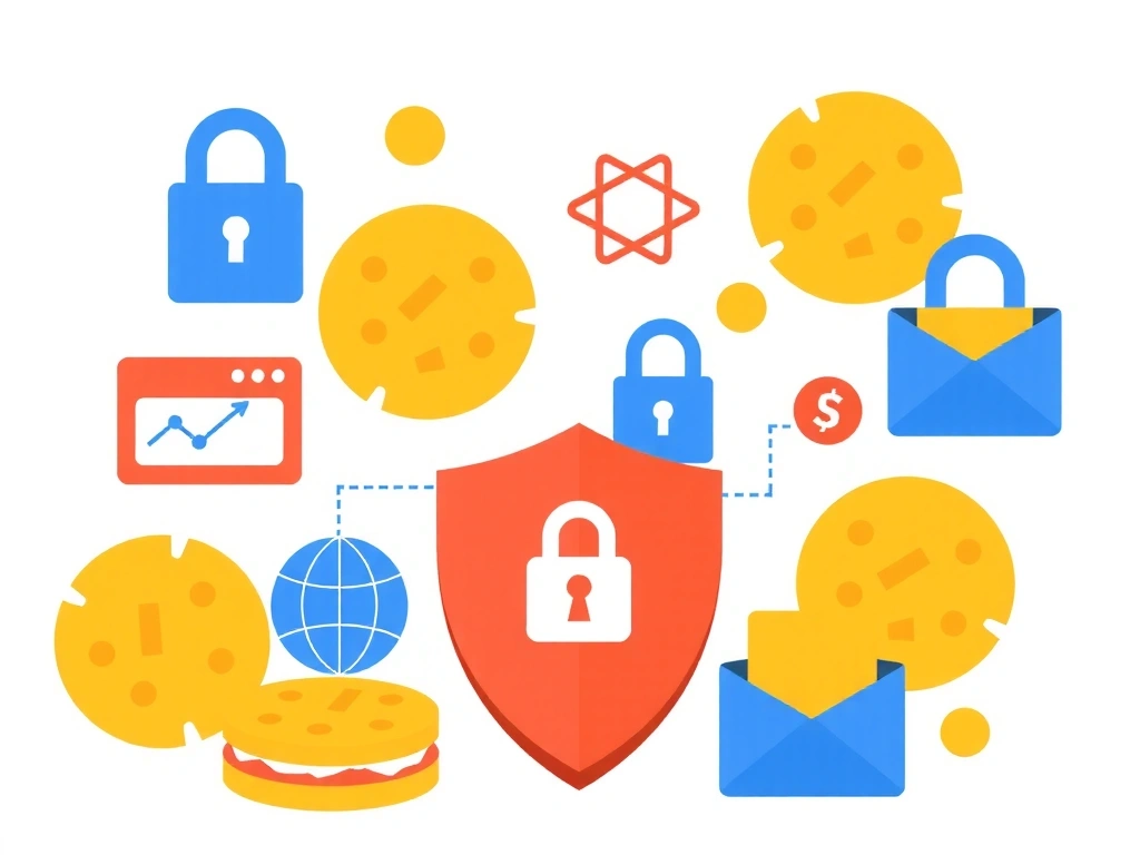 Ilustrație cu simboluri de cookie-uri și date digitale, reprezentând securitatea online și confidențialitatea datelor