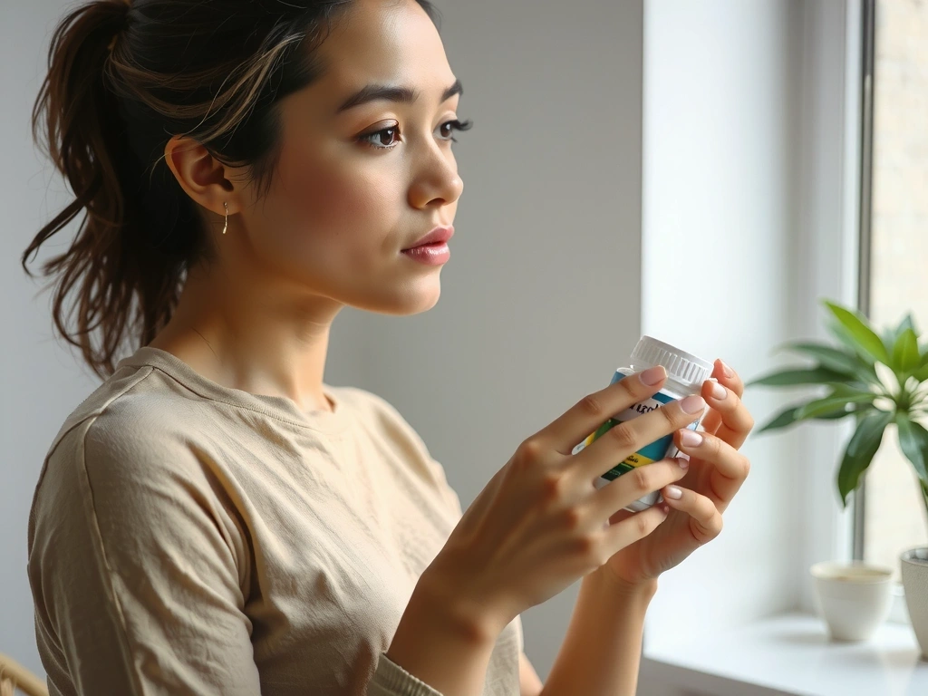 Femeie citind eticheta unui supliment