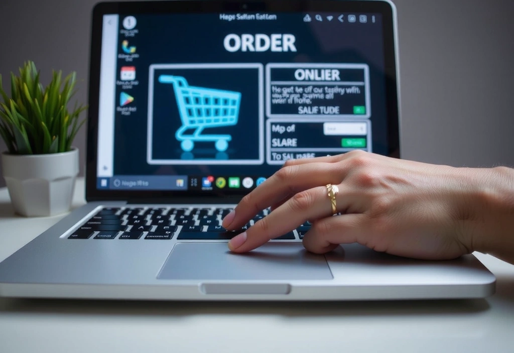 Mână tastând pe un laptop cu un coș de cumpărături virtual pe ecran, simbolizând procesarea comenzilor online.